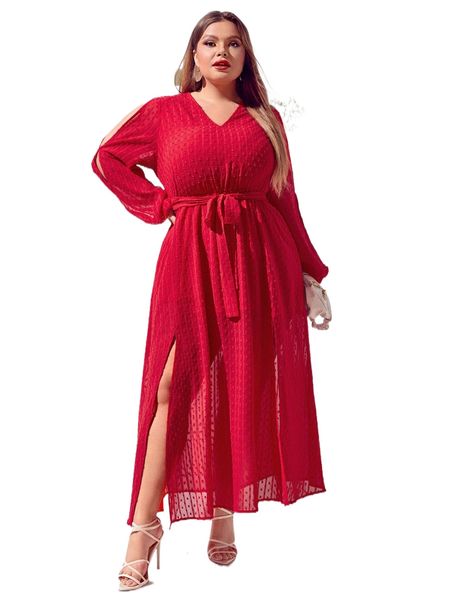 

plus swiss dot lantern sleeve split thigh belted dress k6a3#, Black