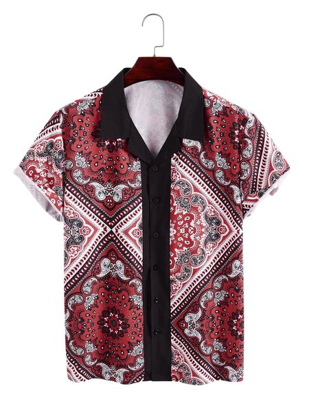 

men paisley scarf print contrast trim shirt t8yk#, White;black