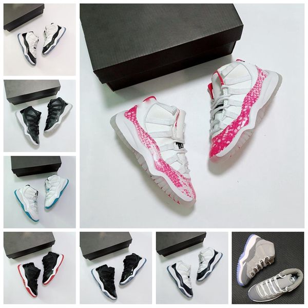 

designer kids shoes td cool grey 11 xi sneaker concord space jam metallic silver pink jumpman snakeskin bred legend blue children boys girls, Black