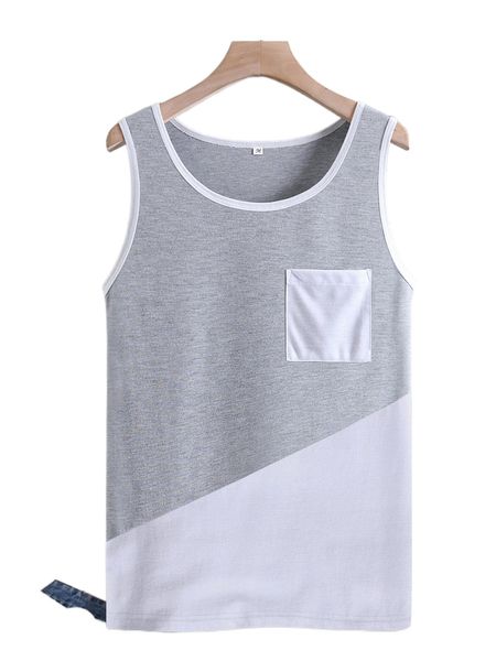 

men two tone patched pocket tank q2in#, White;black