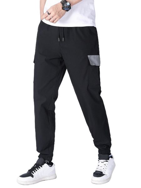 

men contrast panel flap pocket drawstring waist cargo pants i8fo#, Black