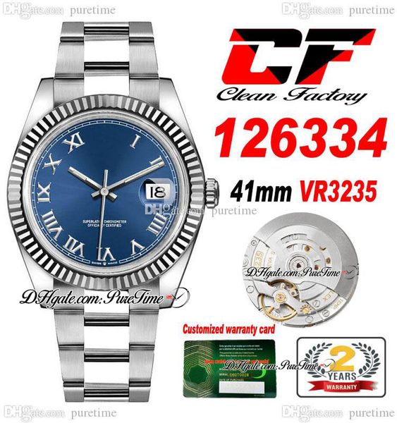 Temiz CF Tarih 41mm 126334 VR3235 Otomatik Erkekler İzle mavi kadran Roman İşaretleri 904L SS Oystersteel Bilezik Aynı Seri Kart Süper Baskı Saatleri Puretime K11