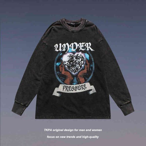 

tkpa washing old love printed sweater men's and women's oversize american street loose pullover, Black