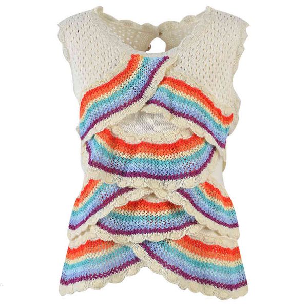 

two piece dress thin early autumn knitted vest women's rainbow stripe contrast age reduced ruffle cut-out jx6j, White