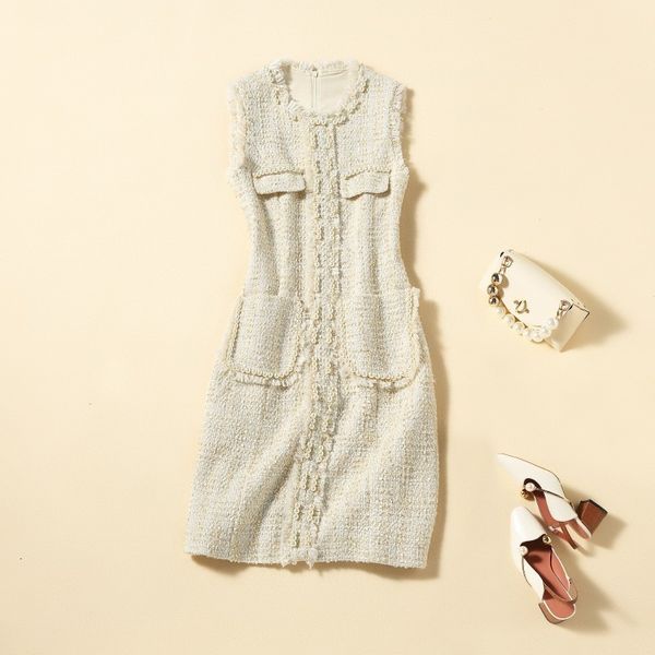 

casual dresses xiaoxiangfeng vest dress early autumn women's nail bead closing waist thin commuting celebrity middle and long skirt 2w, Black;gray