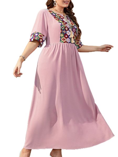 

plus contrast geo tassel tie neck dress g5fa#, Black