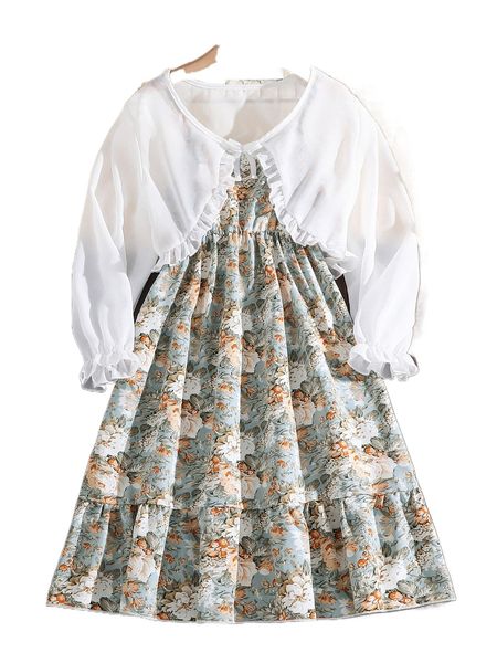 

girls floral print dress & solid ruffle trim l39a#, Black;white