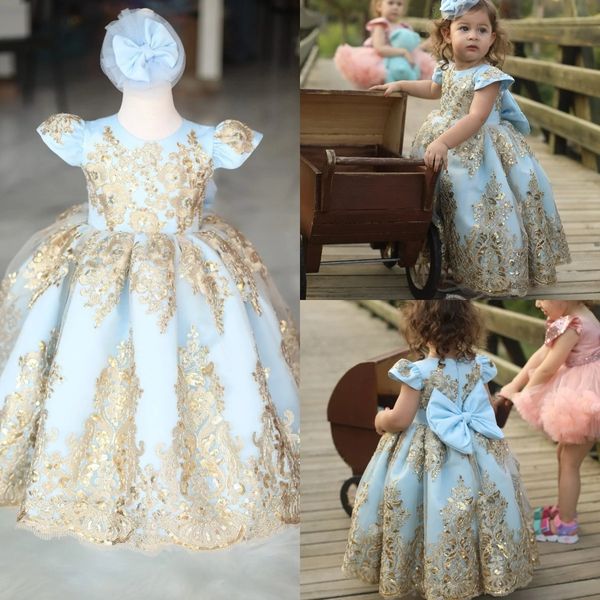 Vestidos de flor de flor azul -céu S Lace Aplique Aplicado de lantejoulas de lantejoulas Little Girl Dress Vesti