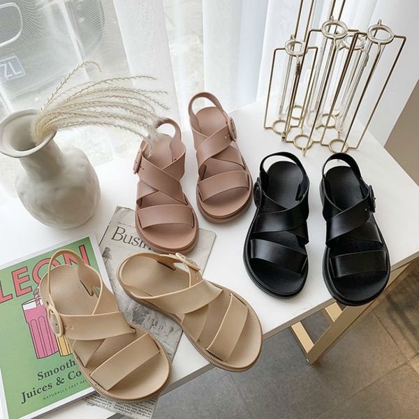 

summer sandal gladiator open toe buckle soft jelly sandals female womens flat platform beach shoes 220613, Black