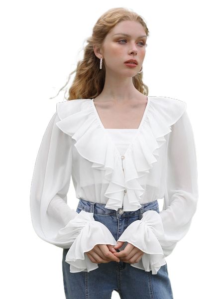 

mod ruffle trim flounce sleeve blouse i8dp#, White