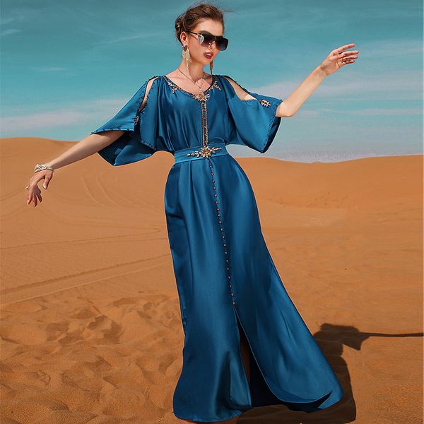 Sexy grünes blaugrünes blaues Arabci-Abendkleid 2022 mit Kristallen, schulterfrei, kurzärmelig, Kaftan-Abschlussballkleider, Abaya, marokkanisches formelles Abendessen, Partykleidung, Vestios Damen