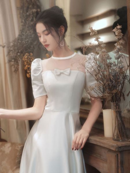

toast dress bride 2021 new french simplicity satin banquet temperament light wedding dress super fairy banquet evening dress, White;black