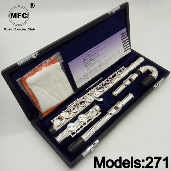 Profissional 271 Silver Plated Flute Instrumento intermediário Estudante Curvado Flutas C. Perna 16 Fechos fechados e tecla