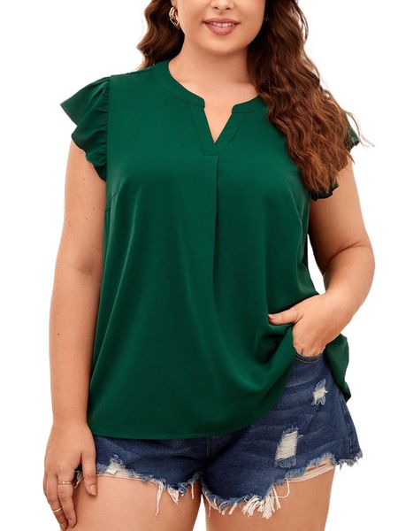 

plus solid ruffle trim popover blouse r0a7#, Black