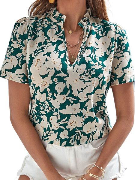 

floral print frill notched neck puff sleeve blouse j8ae#, White