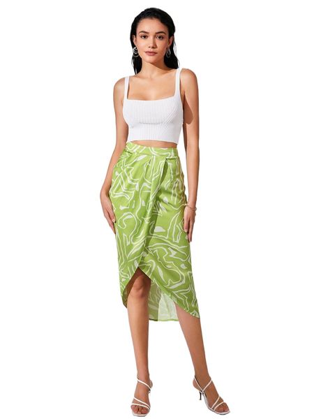 

allover print wrap hem skirt p1z8#, Black