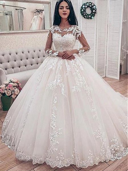 

elegant ball gown wedding dresses princess long sleeves lace appliques back button sweep train bridal gowns, White
