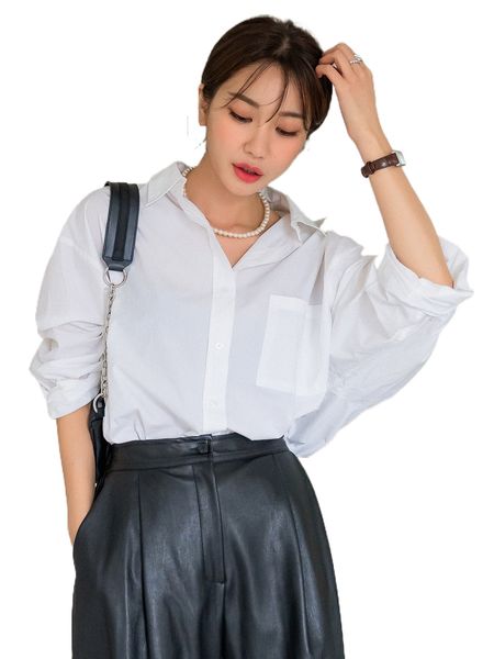 

dazy pocket front drop shoulder solid blouse f5e7#, White