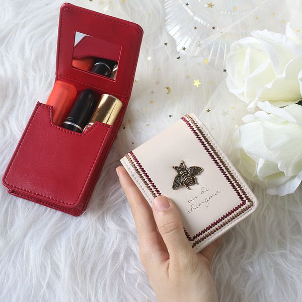 

women lipstick wallets fashion brand portable makeup bag with mirror lipstic case embroidery woman leather storage box purse 220506