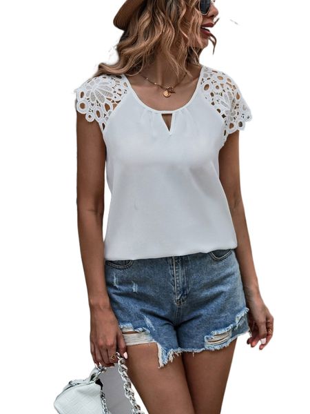 

keyhole neckline guipure lace panel raglan sleeve blouse j2xm#, White
