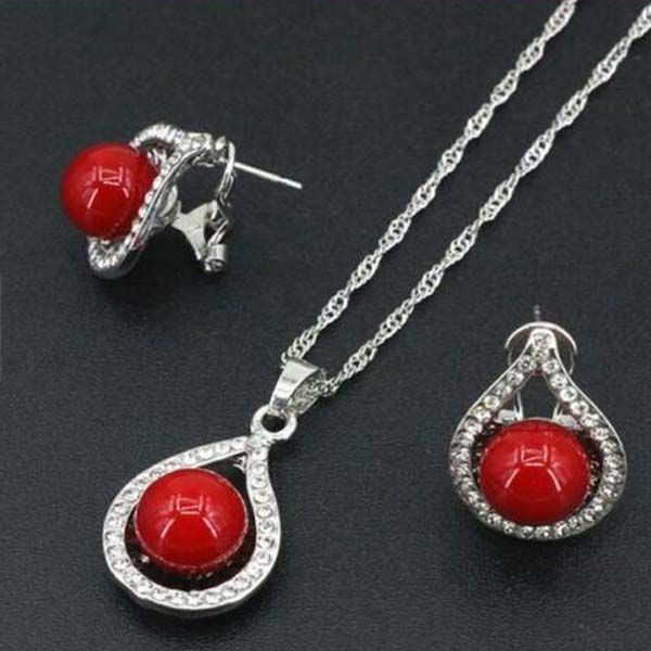 Roter Korallenschmuck Set Drop Anhänger Silber Farb Halskette Ohrring für Frauen Geschenk