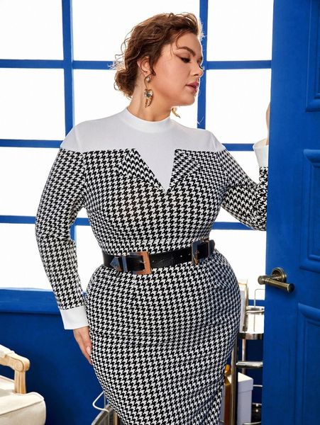

plus houndstooth print slit hem bodycon dress without belt l4ou#, Black