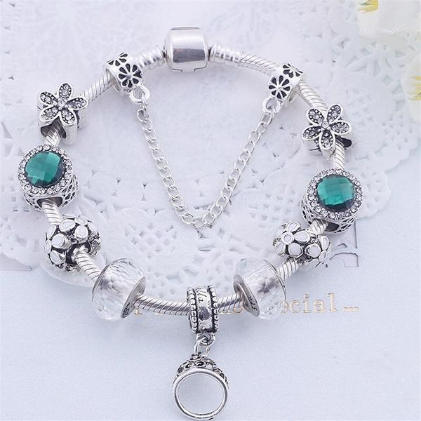 

diy bracelet green crystal charm beads bracelets ring pendant four leaf charms 925 silver snake chain for girlfriend as gift221y, Golden;silver