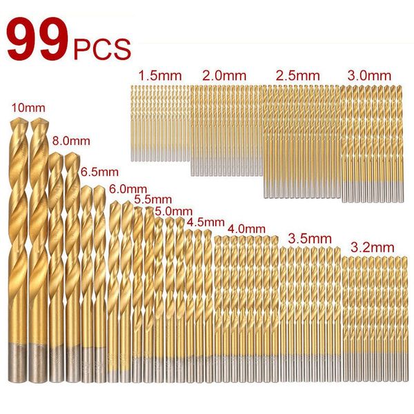 99pcs 1.5mm-10mm Set di punte per trapano in acciaio HSS ad alta velocità con rivestimento in titanio Set di punte elicoidali per legno