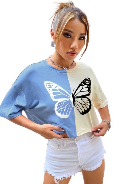 

butterfly print two tone drop shoulder tee 44eq#, White