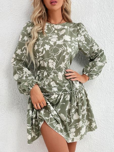 

random floral print lantern sleeve ruffle hem belted dress q6cc#, Black;gray