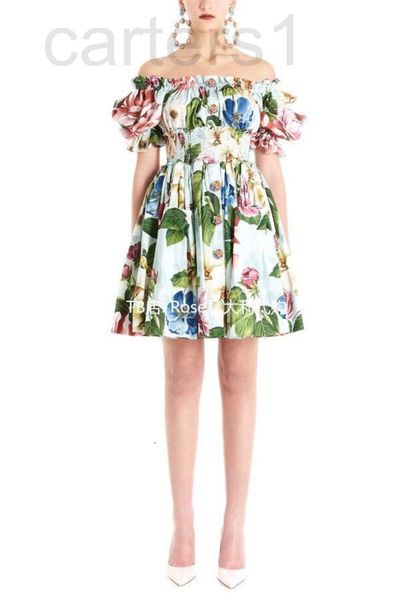 

casual dresses designer spring and summer new one shoulder rose print diamond buckle elastic waist temperament elegant short sleeve dress wo, Black;gray