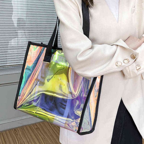 

shopping bags fashion transparent tote for women large capacity shopper casual outing shoulder travel seaside beach handba 220318