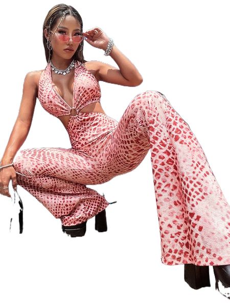 

allover print ring linked tie backless halter jumpsuit w7if#, Black;white