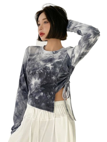 

dazy tie dye drawstring side asymmetrical hem tee p7lo#, White