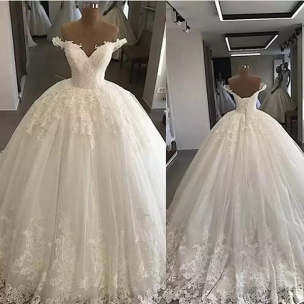 

2022 ballgown wedding dresses bridal gown lace applique off the shoulder sweep train custom made sleeveless tulle satin plus size corset bac, White