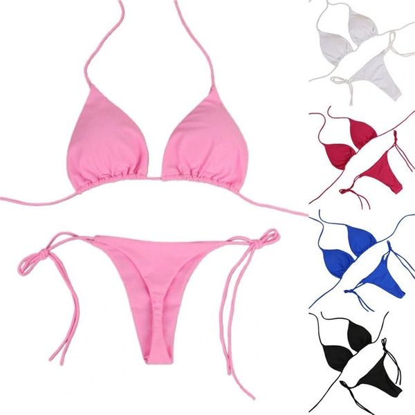 

summer solid color bikini sets women 2 pcsset bikini set solid color halter neck strap thong women swimsuit set for beach 220624, White;black