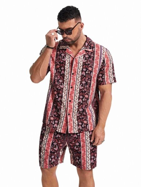 

extended sizes men floral print lapel neck shirt & shorts w4up#, Gray