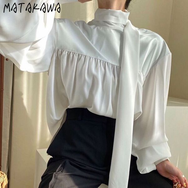 

elegant turtleneck ribbon design women blouses french titching loose casual blusas lantern sleeve ladies shirt 210506, White