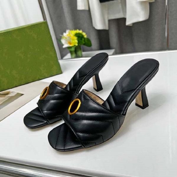 

classic fashion slides sandals lady summer sandals designer metal buckle large size leather thick bottom high heeled women shoe bagshoe1978, Black