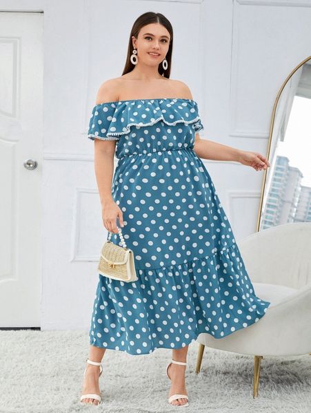 

plus polka dot off shoulder ruffle hem dress i8su#, Black