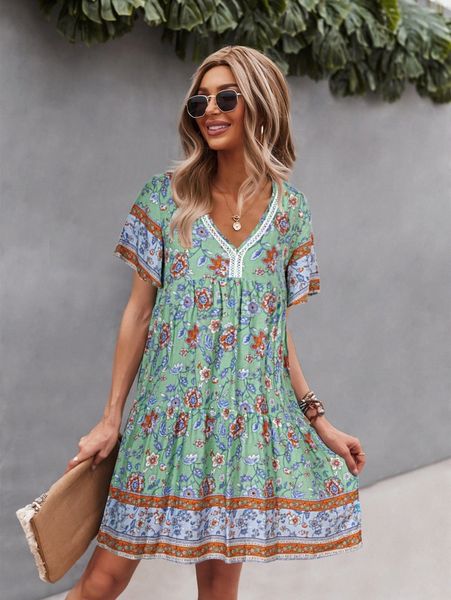 

floral print v-neck smock dress h5ui#, Black;gray