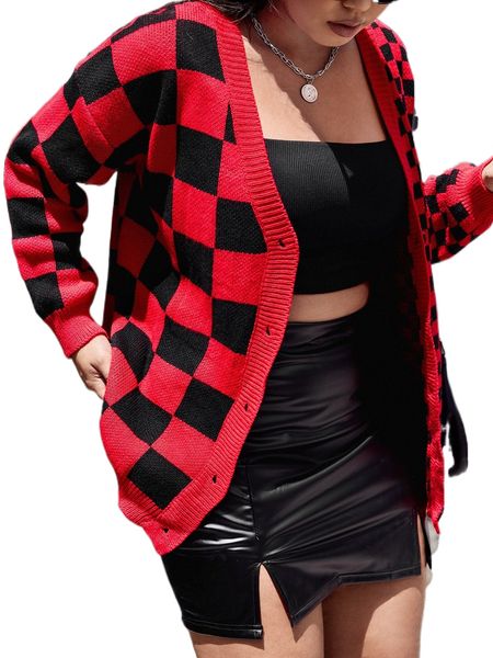 

plus checkered pattern drop shoulder cardigan v4vt#, Black