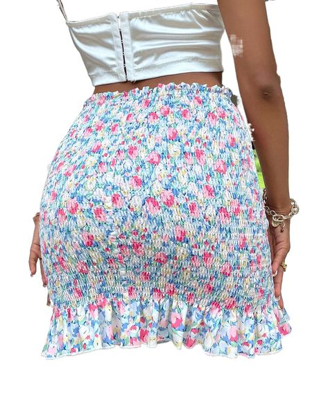 

allover floral print shirred ruffle hem bodycon skirt y0eg#, Black