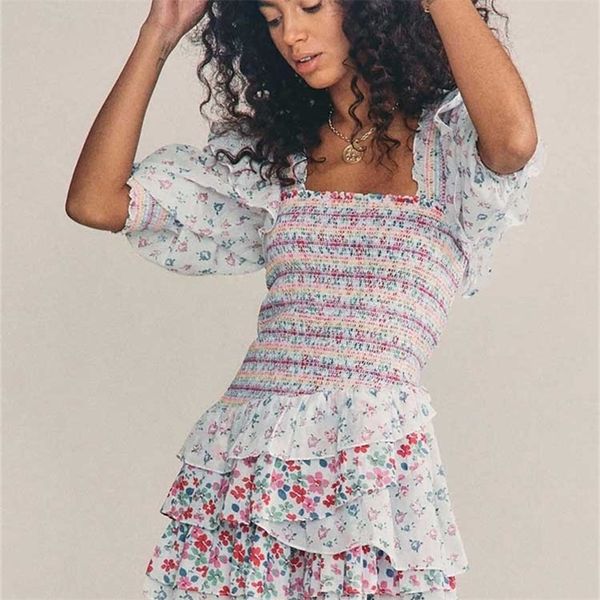 

boho inspired mixed floral prints ruffled party dress puff sleeve square neck smocked laides mini chic summer 220614, Black;gray