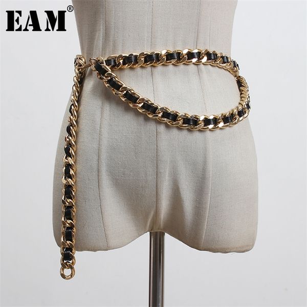 

[eam] pu leather black metal chain split joint long belt personality women fashion all-match spring 1t186 220429, Black;brown