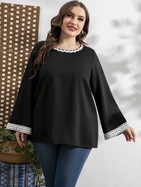 

plus guipure lace insert blouse 66vw#, Black