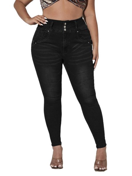 

premium plus high waist washed skinny jeans h27w#, Blue