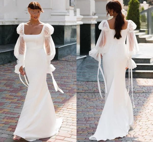 Meerjungfrau-Hochzeitskleider, applizierte Tüll-Spitze, lange Ärmel, quadratischer Ausschnitt, einfacher Satin, maßgeschneidertes Land-Brautkleid in Übergröße