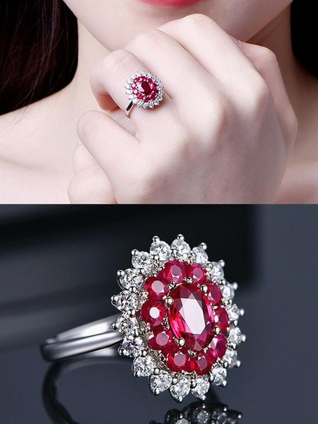 Cluster Ringe Prinzessin Luxus Rot Blau Kristall Rubin Saphir Edelsteine Diamanten Für Frauen Weißgold Silber Farbe Schmuck Bijoux GeschenkeCluste