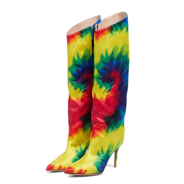 

2022 women's boots autumn and winter new party print side zipper pointed fashion thin high heels large size 43 boots, Black